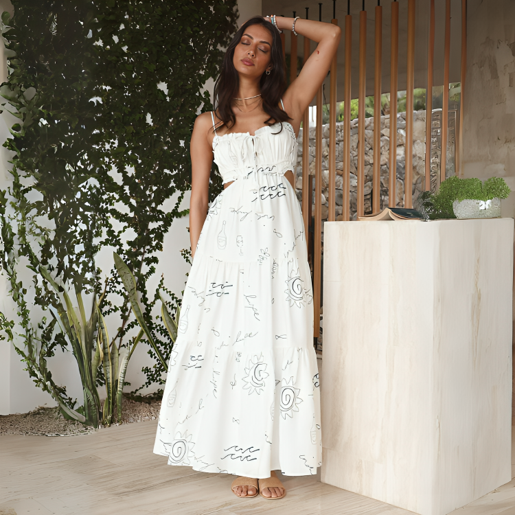 Vestido Longo Branco Estampado Lucy - Lunna Glow